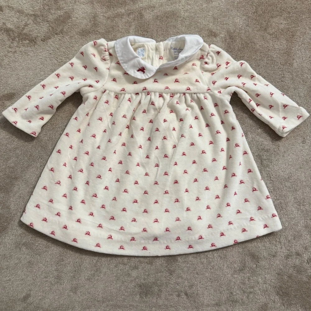 Ralph Lauren Baby Girl Reindeer Velour Dress Cream Red Peter Pan Collar 3M